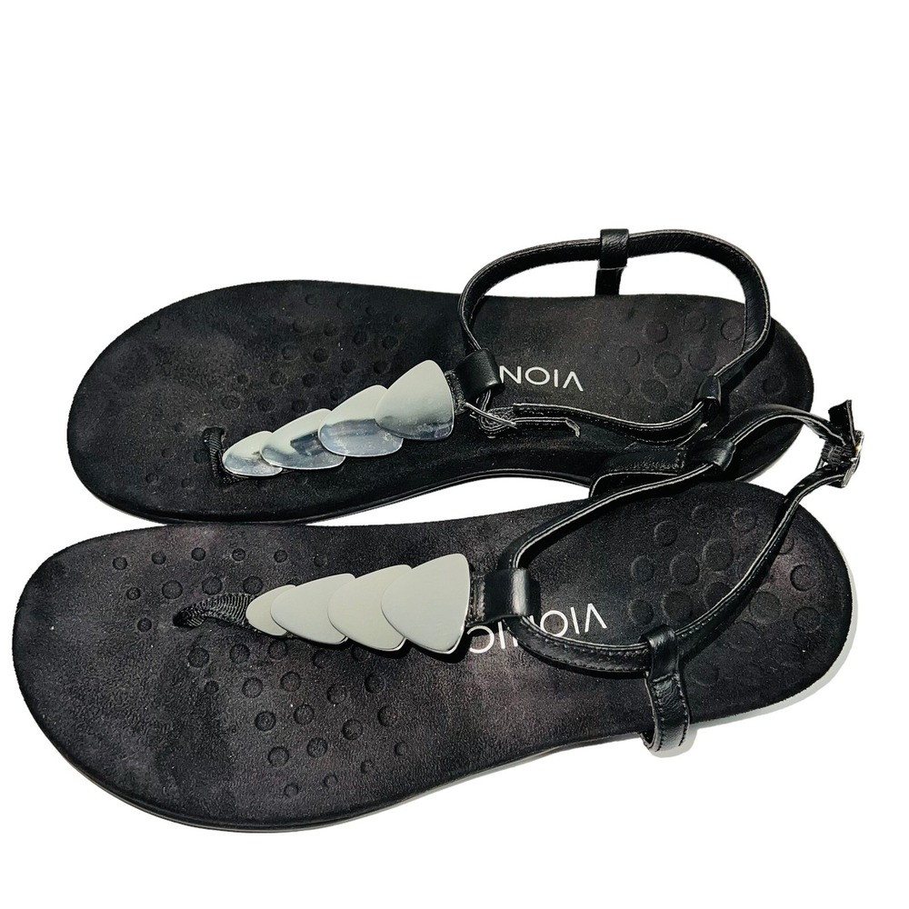 Vionic Orthaheel Miami Womens Leather T-Strap Sandals Slides Size 9 Black Silver